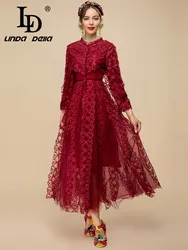 LD LINDA DELLA Spring Runway Vintage Red Mesh Dress Women Long sleeve Lace Patchwork Embroidery Fashion Long Party Dress