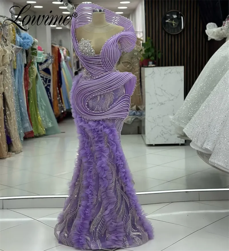 Vestido de fiesta de sirena lila, vestidos de fiesta para ocasiones especiales, diamantes de imitación, cristales, cuentas, fiesta de noche árabe, vestidos de cumpleaños personalizados