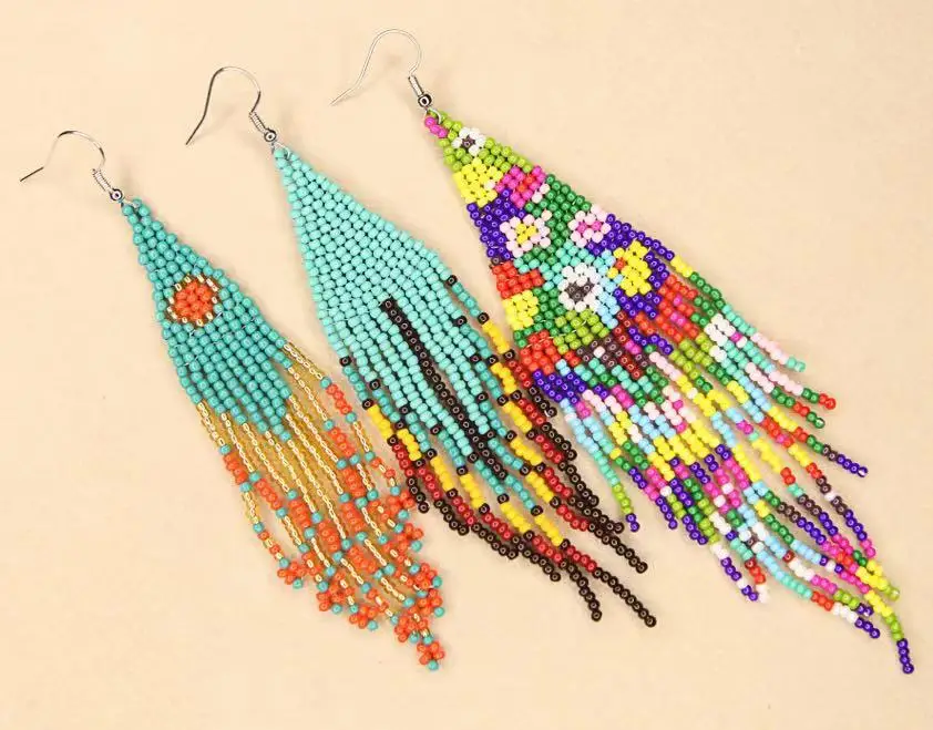 Beaded earrings Tassel Intersperse Flowers Design Originality Bohemia Hand knitting Alloy Tide Simple Rice bead earrings