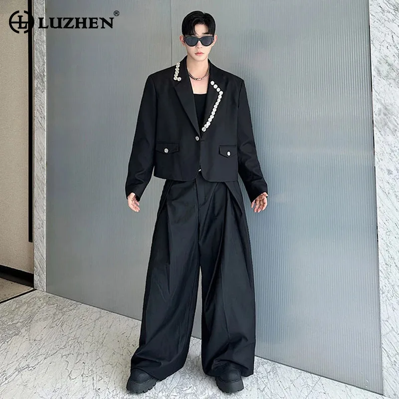 

LUZHEN элегантный темперамент красивый комплект из двух предметов мужская мода на пуговицах лоскутный пиджак пальто мешковатые широкие повседневные брюки JY4427