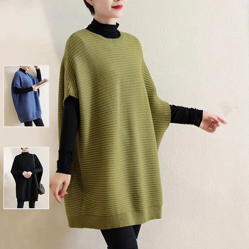 

Laid-ba Sle Color Batwing Sve Вязаный свитер большого размера Женская верхняя одежда irt для мам среднего возраста