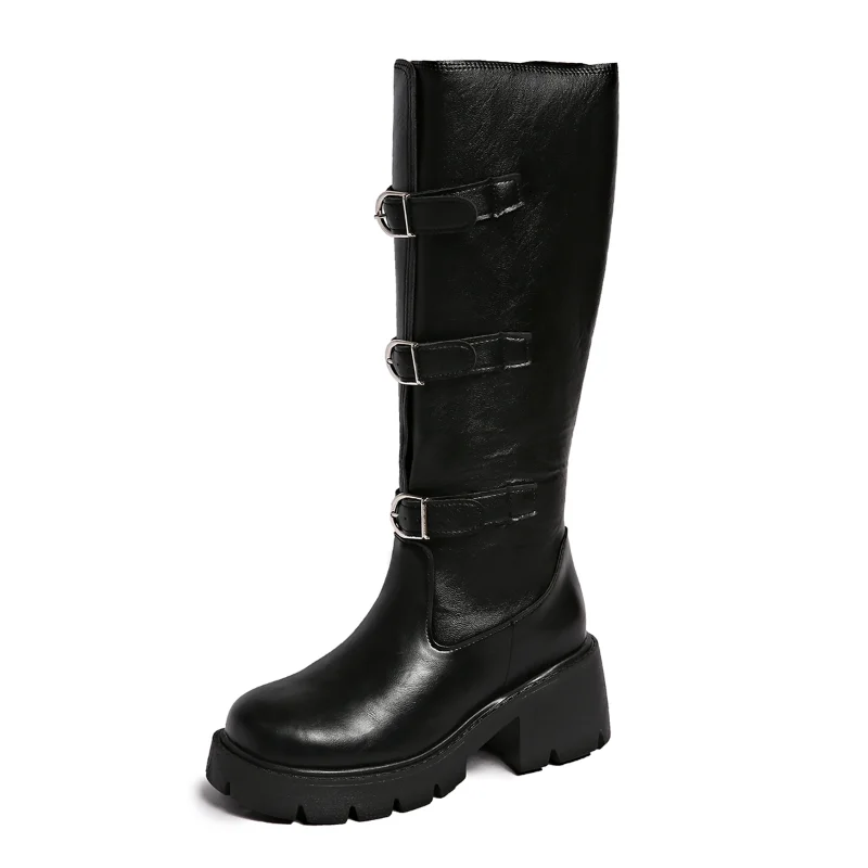 2026 Autumn Winter Fashion Style Leather Boots Women's Western Knight Boots Round Toe Thick Bottom High Top Buckle Fastening