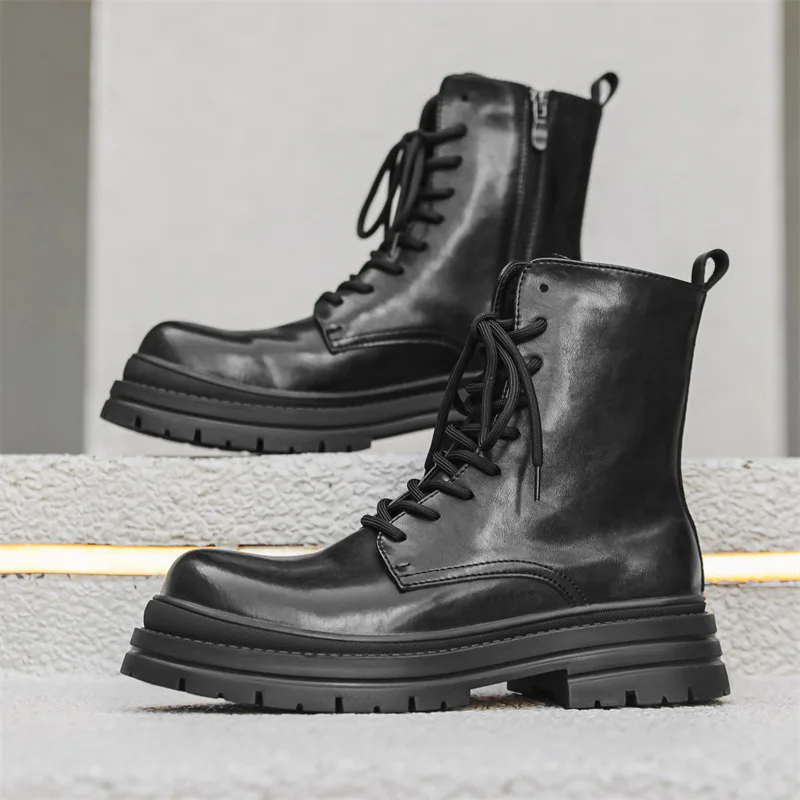 Botas altas de motocicleta estilo inglés para hombre, zapatos de plataforma con estilo negro, botas de vaquero para primavera y otoño, botas de cuero originales