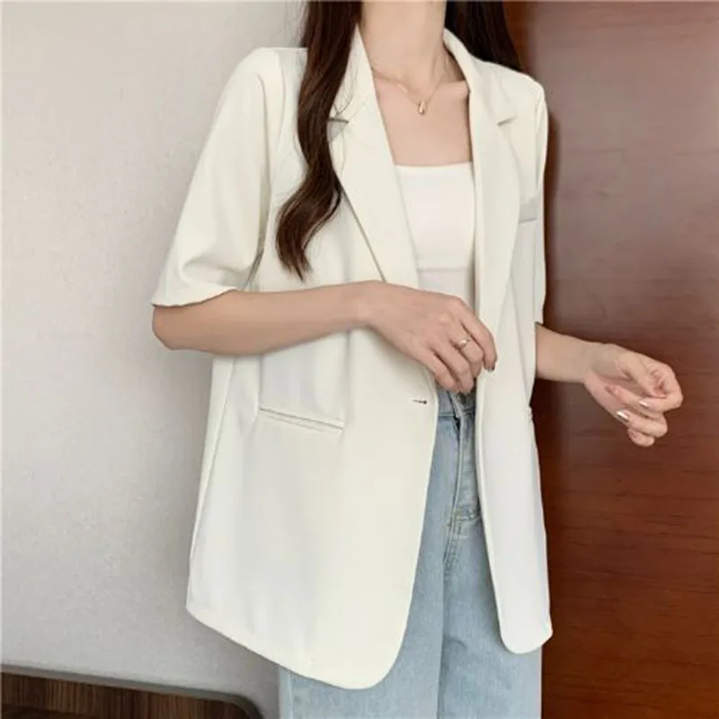 Thin Suit Jacket Women 2024 Summer Casual All Match Single Button Coat Woman Korean Style Loose Balck White Short Sleeve Jackets