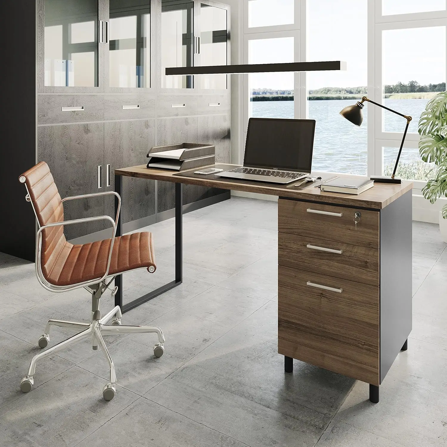 Office Desk - 47Inch Cass Walnut/Black Home Office Desk with Drawers - Modern Computer Desk with Storage, Detachable & Lockable