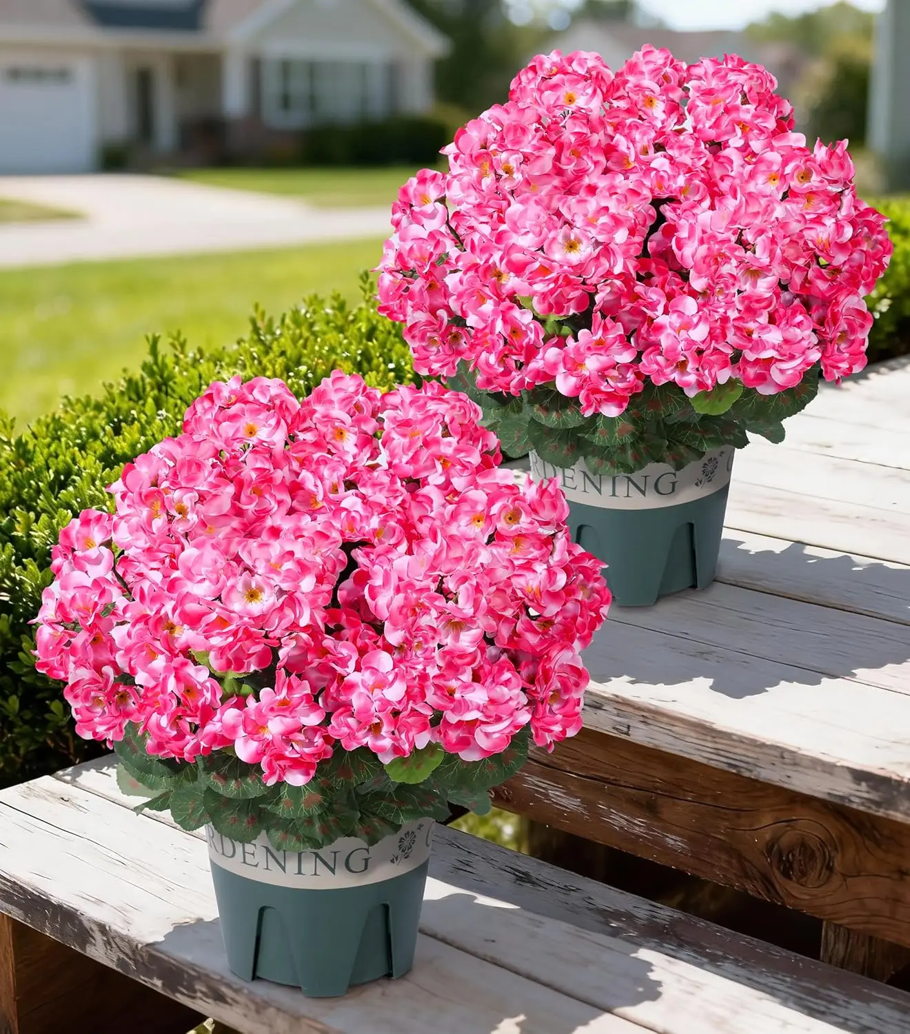 

Geraniums Artificial Flowers for Outdoors, 2 Pack Potted Plants Pink Faux Geraniums Bush Artificial ries Realistic UV