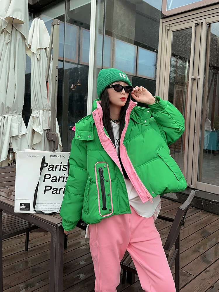 2023 Winter New Contrast Color Short Hooded Down Cotton Coat Women\'s Candy Color Trend Bread Coat Fashion Warm Coat