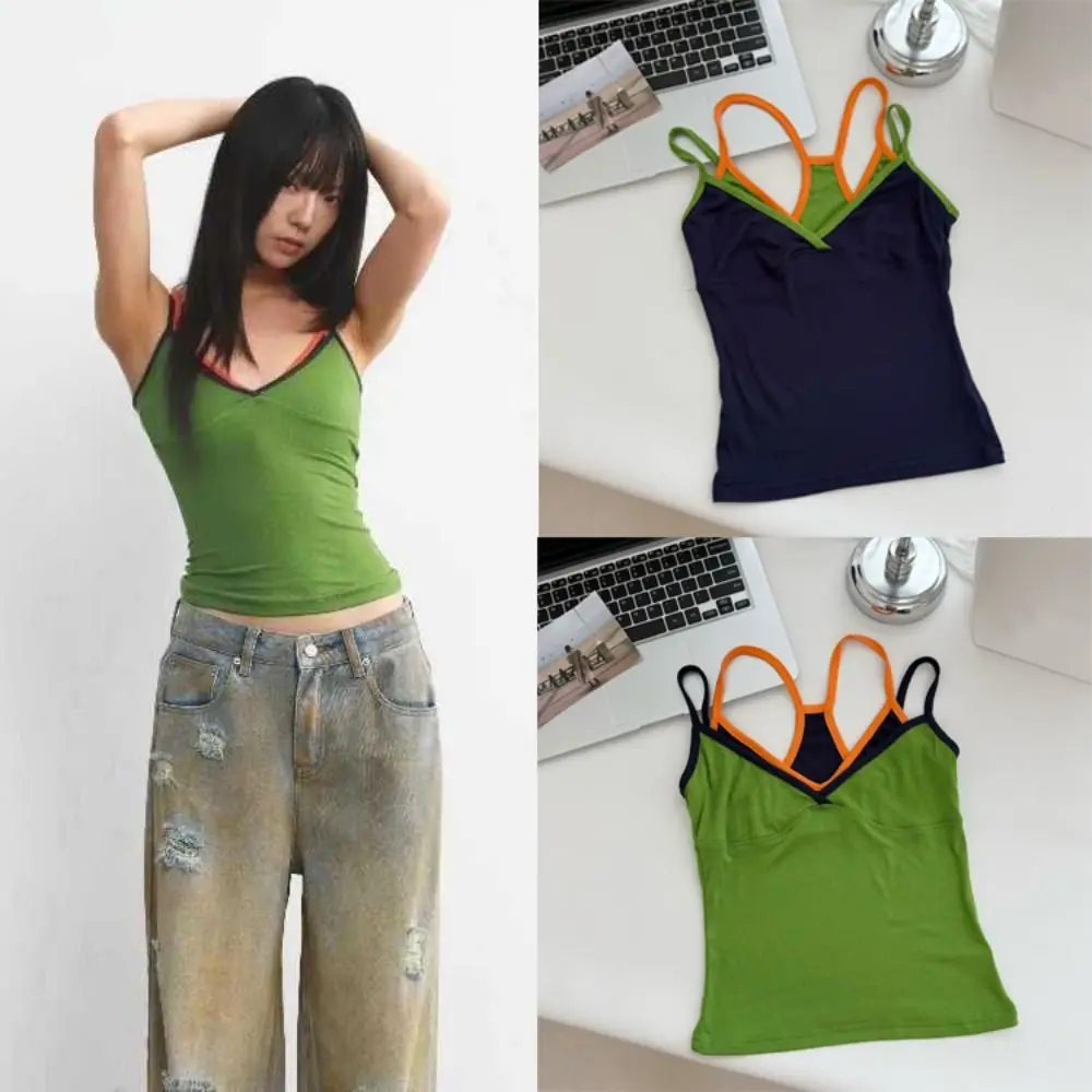 

Elegant Slim Fit Fake Two Pieces Camisole Sleeveless Streetwear Crop Tops Women Patchwork Suspender Vest Seaside