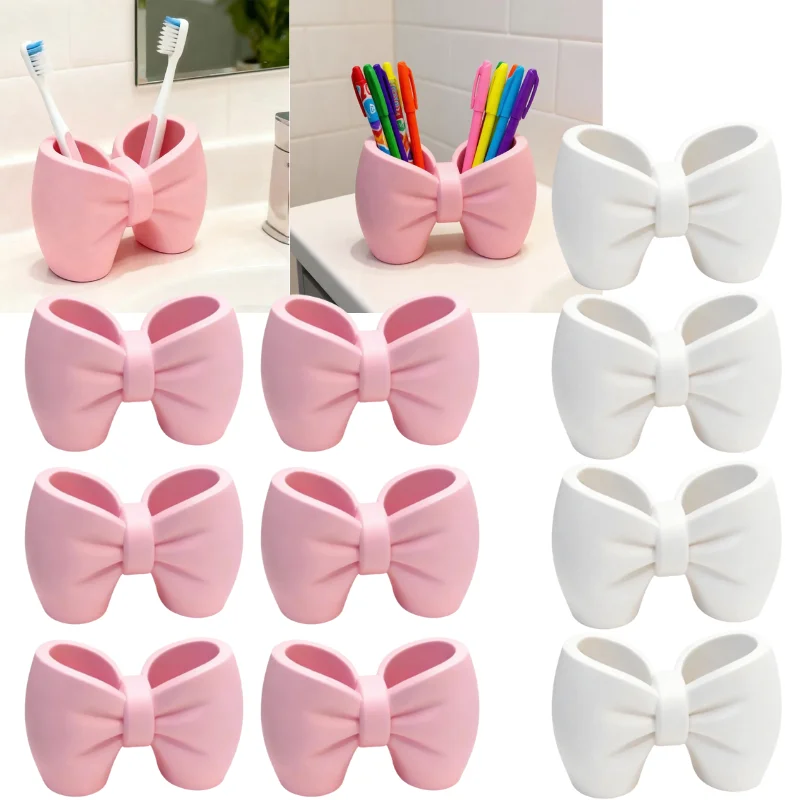 Cute Bow Shape Toothbrush Holder Plastic Lightweight Lovely Toothbrush Toothpaste Holder Organizer For Bedroom And Bathroom
