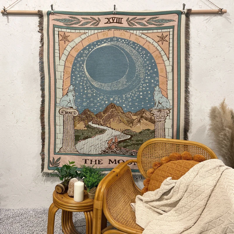 Plaid Jacquard Thème Lune et Tarot, Tapisserie Tissée Vintage Soleil & Étoiles Célestes, Plaid Bohème Mystique Astrologie à Franges