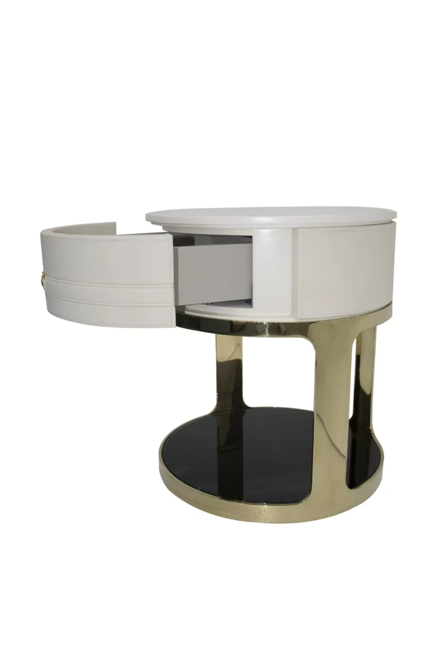 Meja samping tempat tidur modern minimalis dengan lapisan pernis kulit putih mengkilap