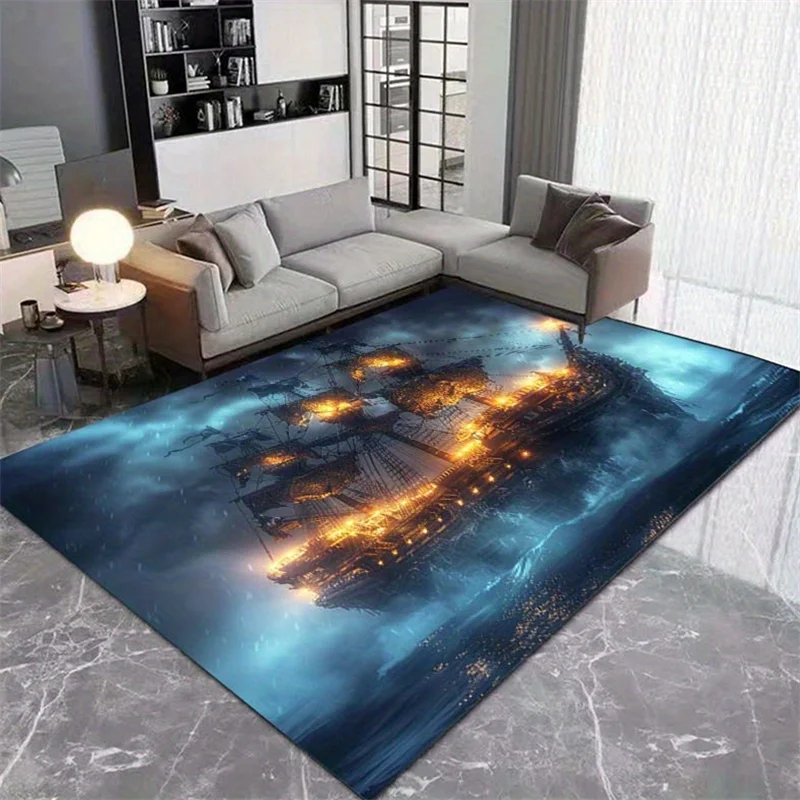 Fantasy Pirate Ship Area Rug, Vintage Nautical Bedroom Playroom Non Slip Mat, Washable Living Room Bathroom Floor Carpet