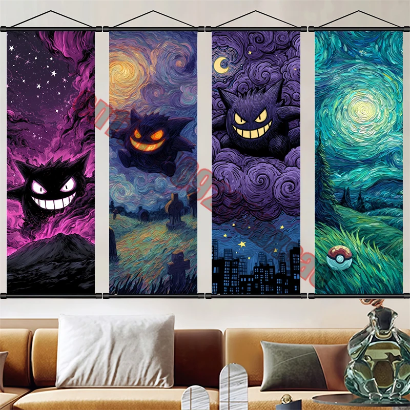 

Classic Childhood Anime Pokemon Gengar, Eevee Van Gogh's Starry Sky HD Art Scroll Painting Suitable for Bedroom Decoration Gifts