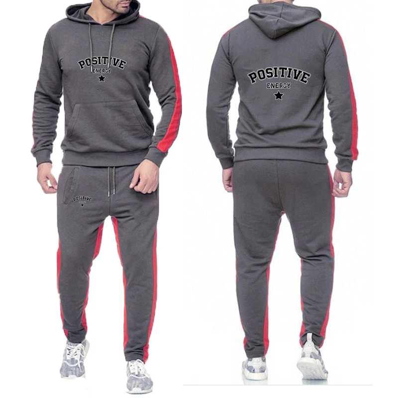 

2025 Spring And Autumn New Men's POSITIVE ENERGY Print Solid Color Casual Premium Hoodies+Sweatpants Sports Suit