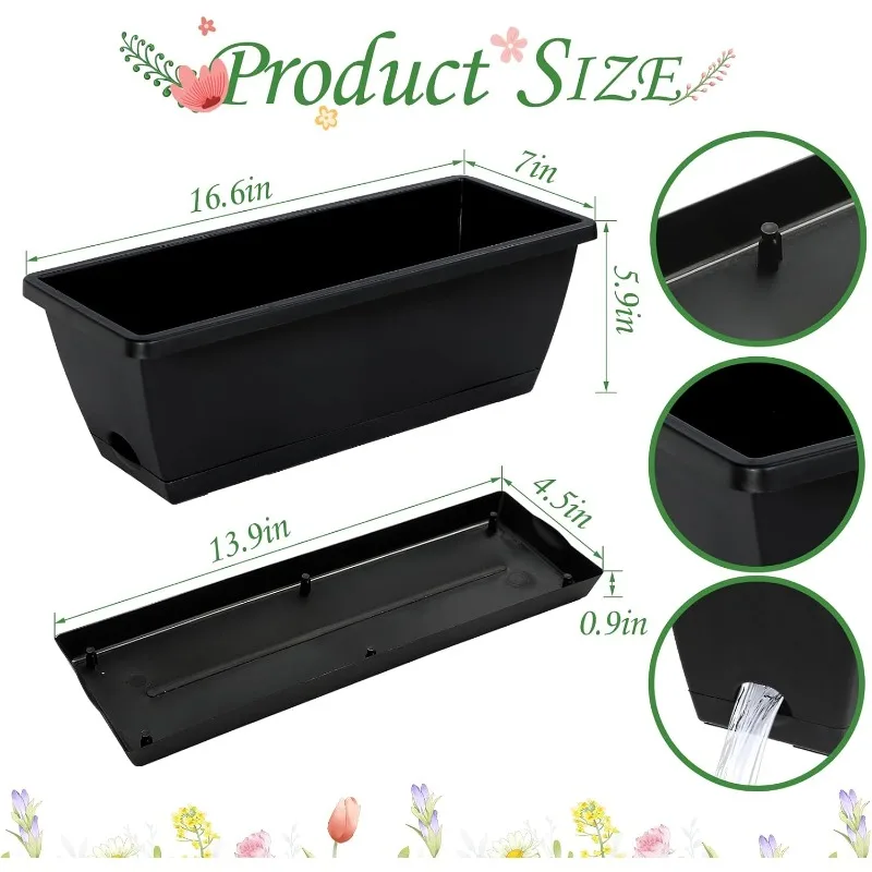 12Pcs 17Inches Rectangle Planter Box with Drainage Holes and Trays Plastic Planters Flower Boxes Pots for Indoor Outdoor