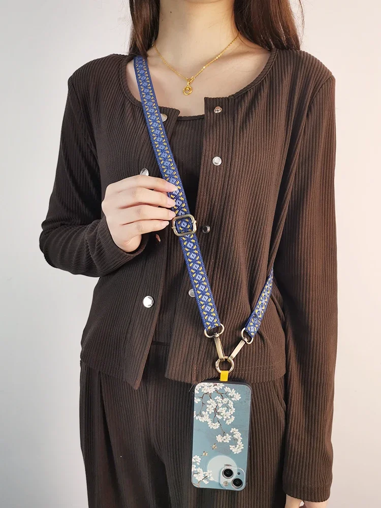 Vintage Embroidery Crossbody Neck Strap Mobile Phone Lanyard Adjustable Anti-lost Universal Cell Phone Case Chain Rope Pendant