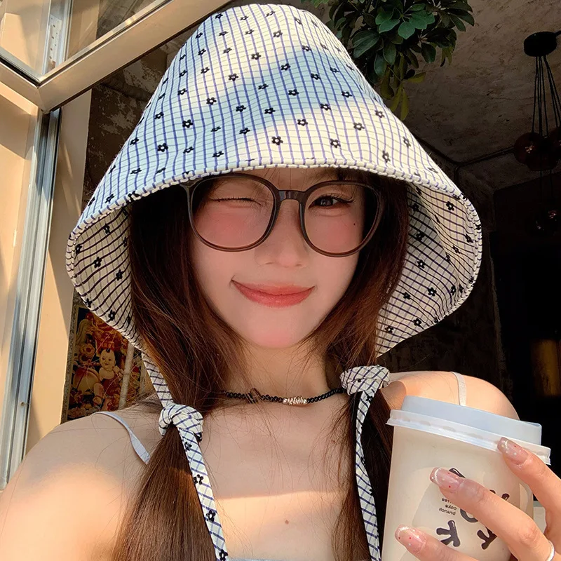 Plaid Floral Wide Brim Bucket Hat, French Sun Protection Basin Cap, Women Outdoor Summer Face Cover Hat