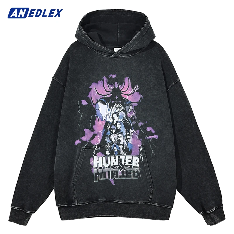 Men Streetwear Vintage Black Hoodie Sweatshirt Japanese Anime Graphic Washed Hoodie Hip Hop Harajuku Cotton Hooded Pullover