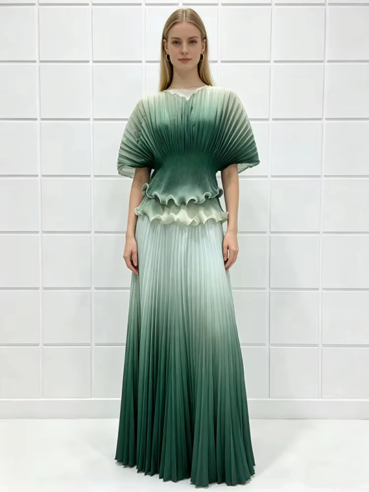 ANLAN Miyaki Hot Sales Gradient Pleated 2 Piece Set Women's Ruffled Loose Top + Casual A Line Skirts 2026 Summer New Tide 2AN517