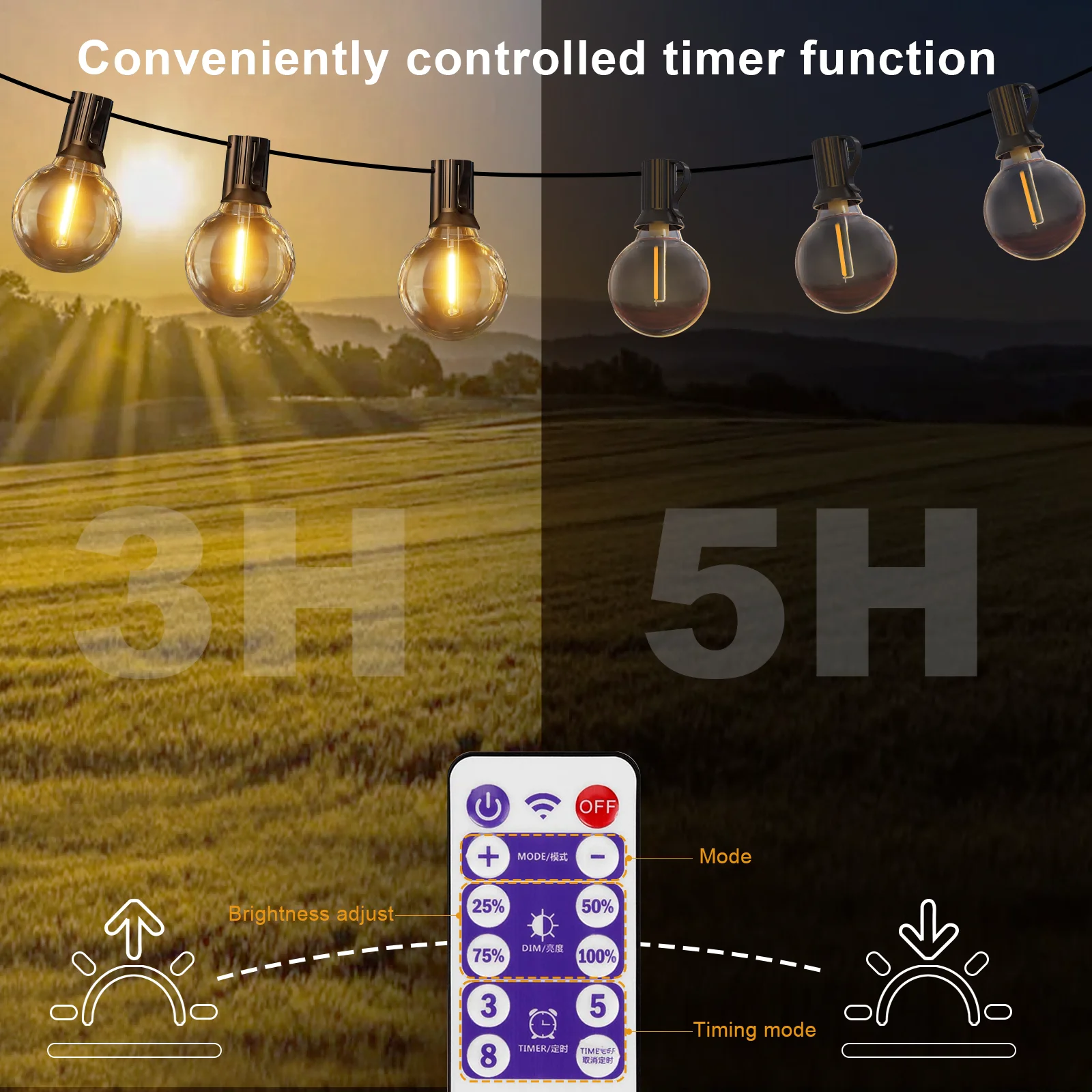 Solar-LED-Lichterkette für den Außenbereich mit Fernbedienung - Dimmbare G40 Laternenlampen, wasserdicht, 8 Modi, Solar L – Detail 5