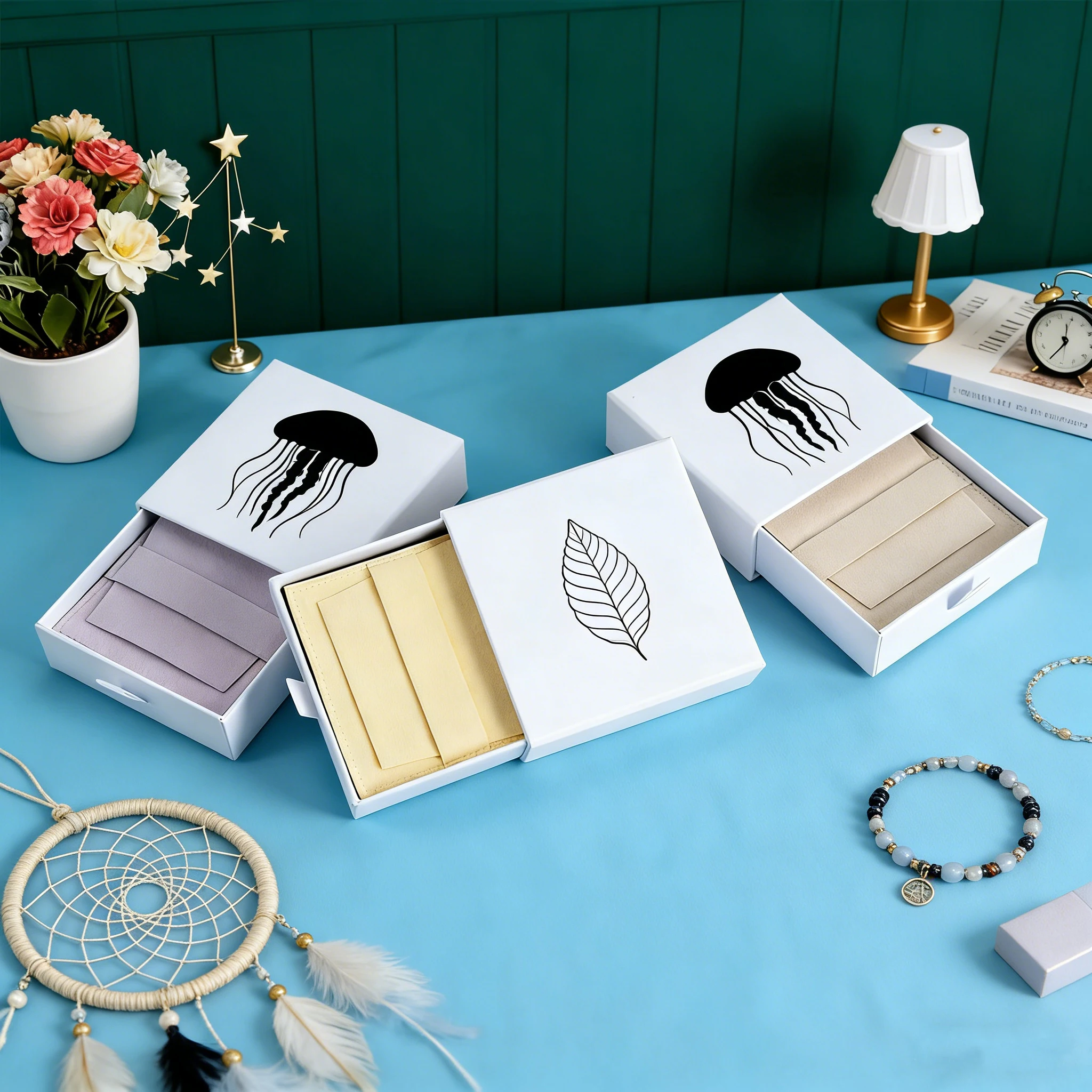 

100Set Personalized Logo Jewelry Paper Box Insert Microfiber Bag with Strip for Wedding Favor Earrings Rings Business Packaging