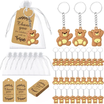 12 مجموعة من هدايا الدب الصغير، هدايا الحفلات، سلاسل المفاتيح مع أكياس شبكية صلبة، علامات شكر لحفلات أعياد الميلاد للفتيات والأولاد