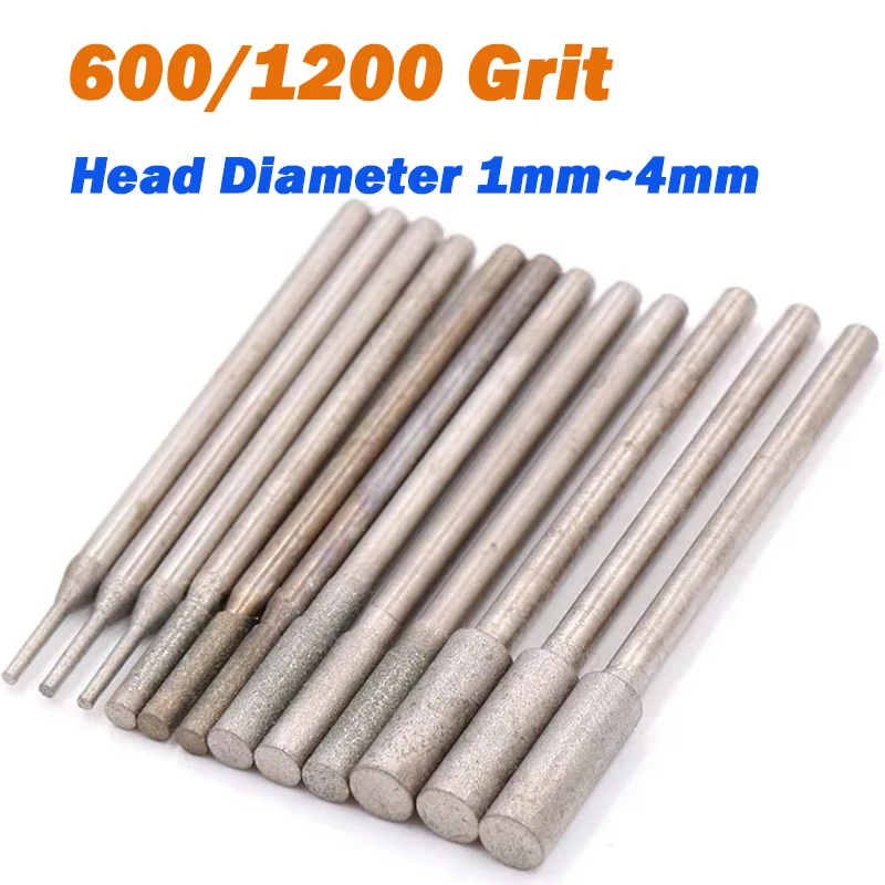 Diamond Grinding Head Diameter 1mm~4mm 600/1200 Grit Cylindrical Flat Head Polishing Grinding Head Jade Carving Deburring Tool
