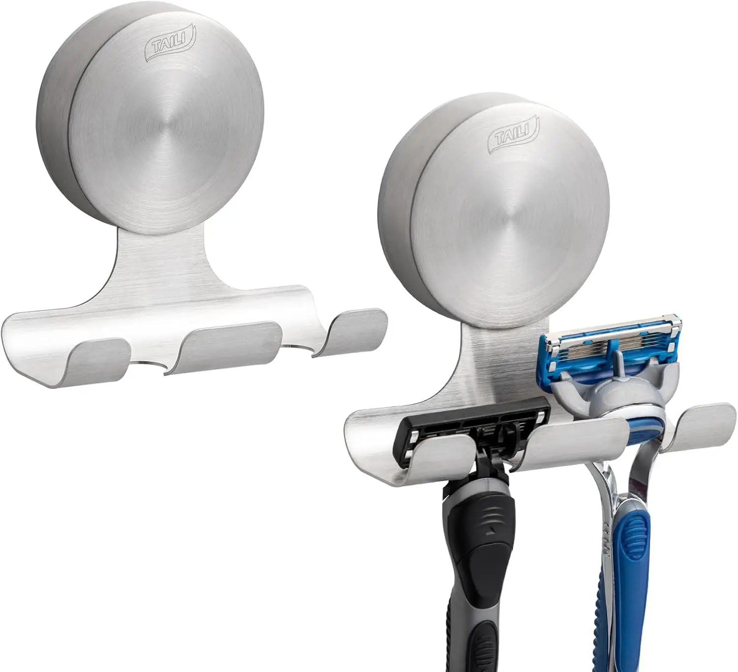 

TAILI 2 Pack Suction Cup Razor Holder, 304 Stainless Steel Bathroom Suction Hooks for Towel, Loofah, Bathrobe, Shaver Holder