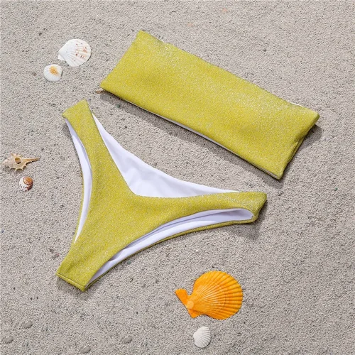 Imagen 2 del producto Bikini Bandeau brillante para mujer, traje de baño de oropel, tendencia Y2K, microtraje de baño sin tirantes, traje de playa brasileño, Bikinis Tangas