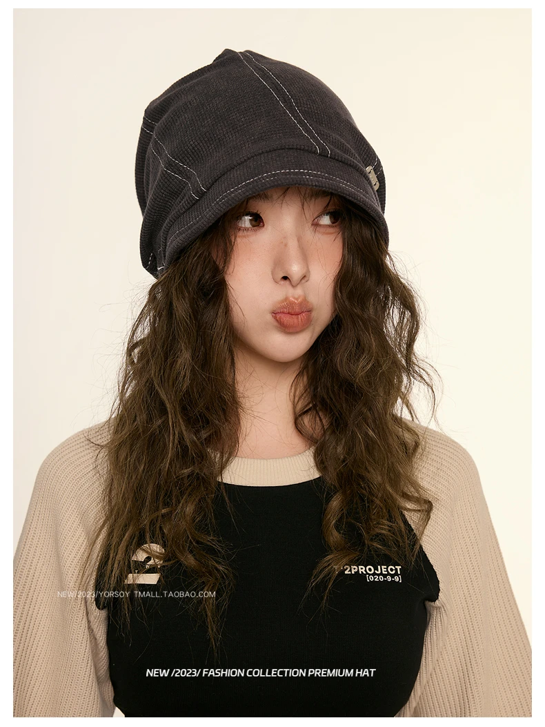 Retro Vegetarian Face Cover Face Fisherman'S Hat Son, Hat Female Fall And Winter Black Street Casual Show Face Small Baotou Heap