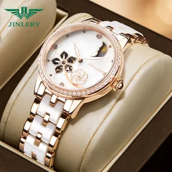 JINLERY Women Mechanical Watch Waterproof Charming Ceramic Stainless Steel Strap Dress Flower Dial Wristwatch Relogio Feminino