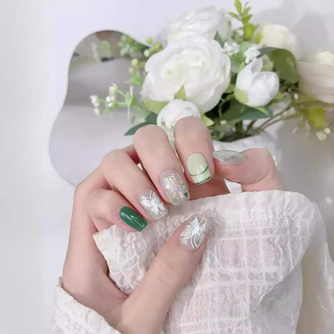 10pcs Handmade Press on Nails Green Butterfly Glitter Short Square False Nail for Women Girl Removable Wearable Fake Nail Art