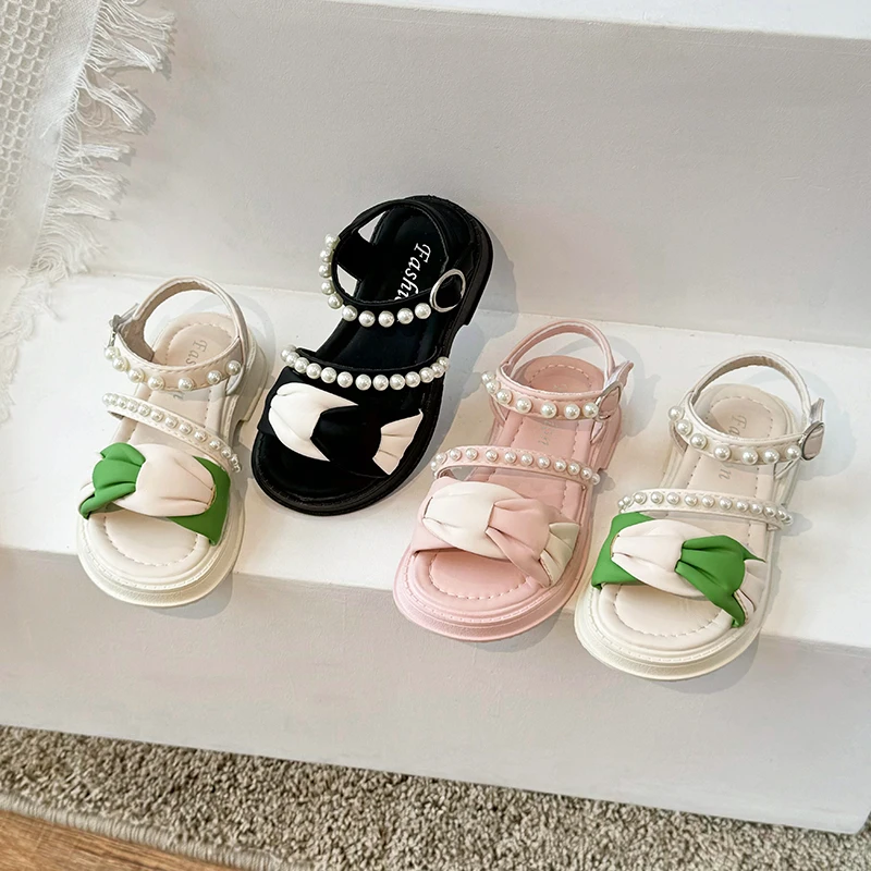 YUYIN Cute Girls' Sandals Soft and Lightweight Rubber Sole Sandals for Summer Fashionable and Personalized Pearl Decor Sandals