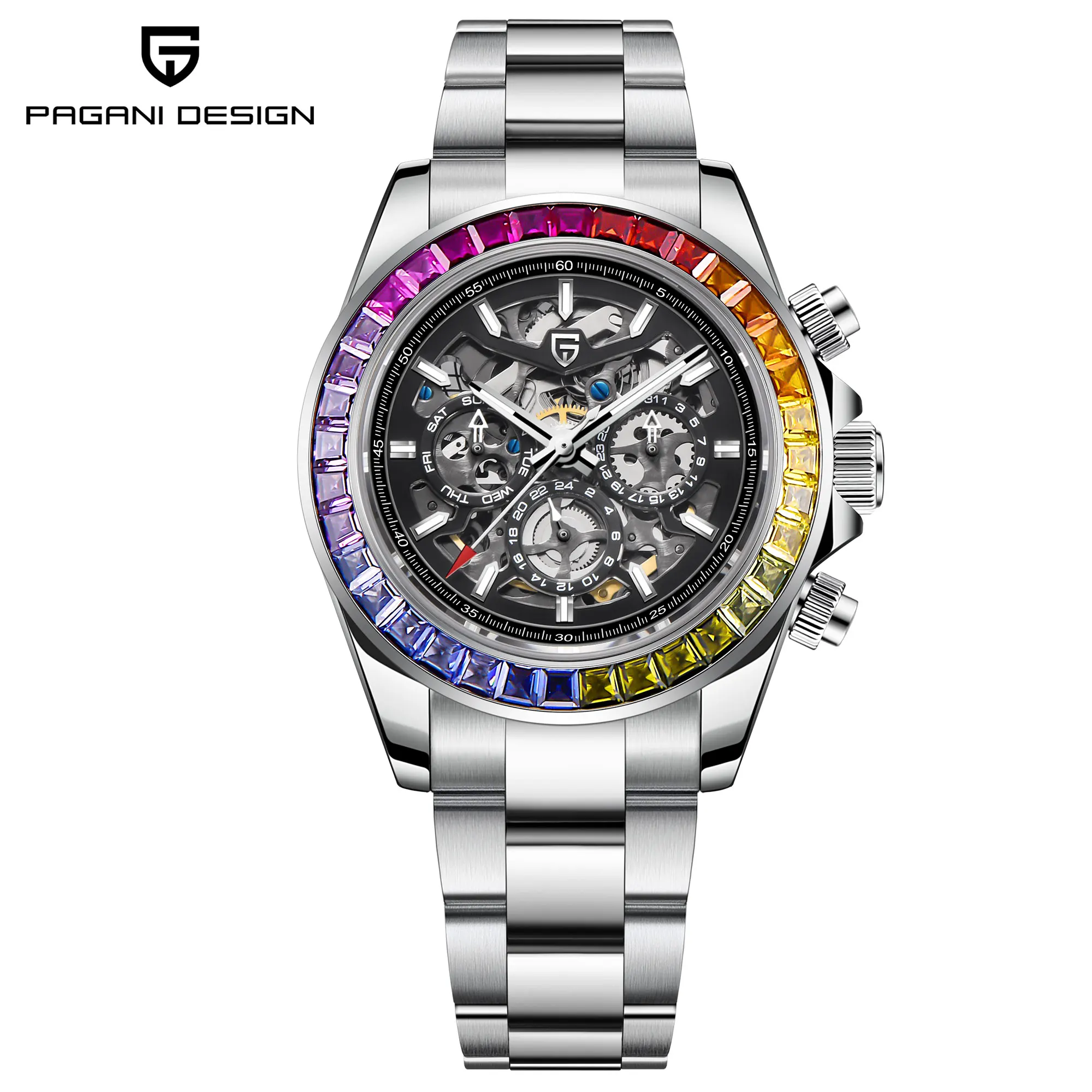 PAGANI DESIGN 2023 New Rainbow bezels Men\'s Watches Luxury Automatic Watch For Men Skeleton Mechanical Wristwatch Chronograph