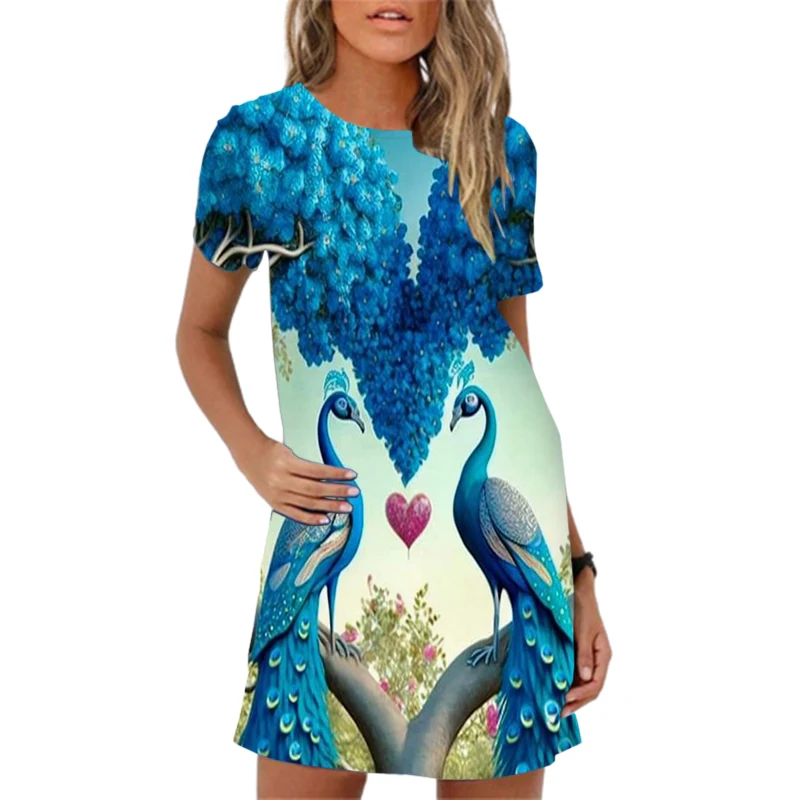 

2024 Summer Women Dress Elegant Short Sleeve O-Neck Peacock Pattern Print Dress Fashion Casual Loose Print A-line Dress Vestidos