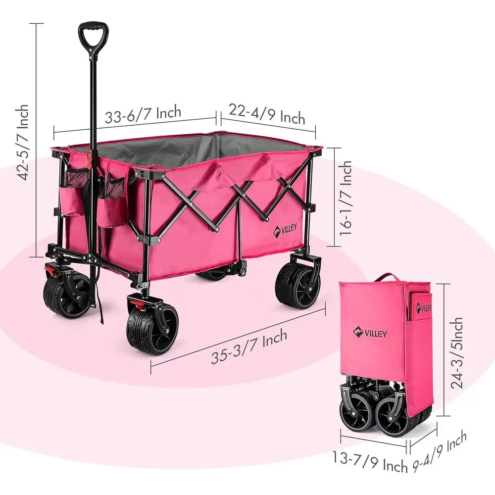 全地形対応ヘビーデューティ折りたたみワゴン、大型ホイール付き、耐荷重225ポンド、ポータブルガーデンカート、ピンク、カップホルダー付きユーティリティカート