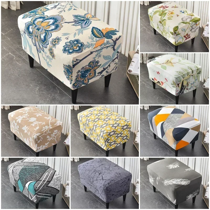 Flower Printed Footstool Cover Spandex Stool Cover Rectangular Stretch Removable Footrest Cover Living Room Furniture Protector