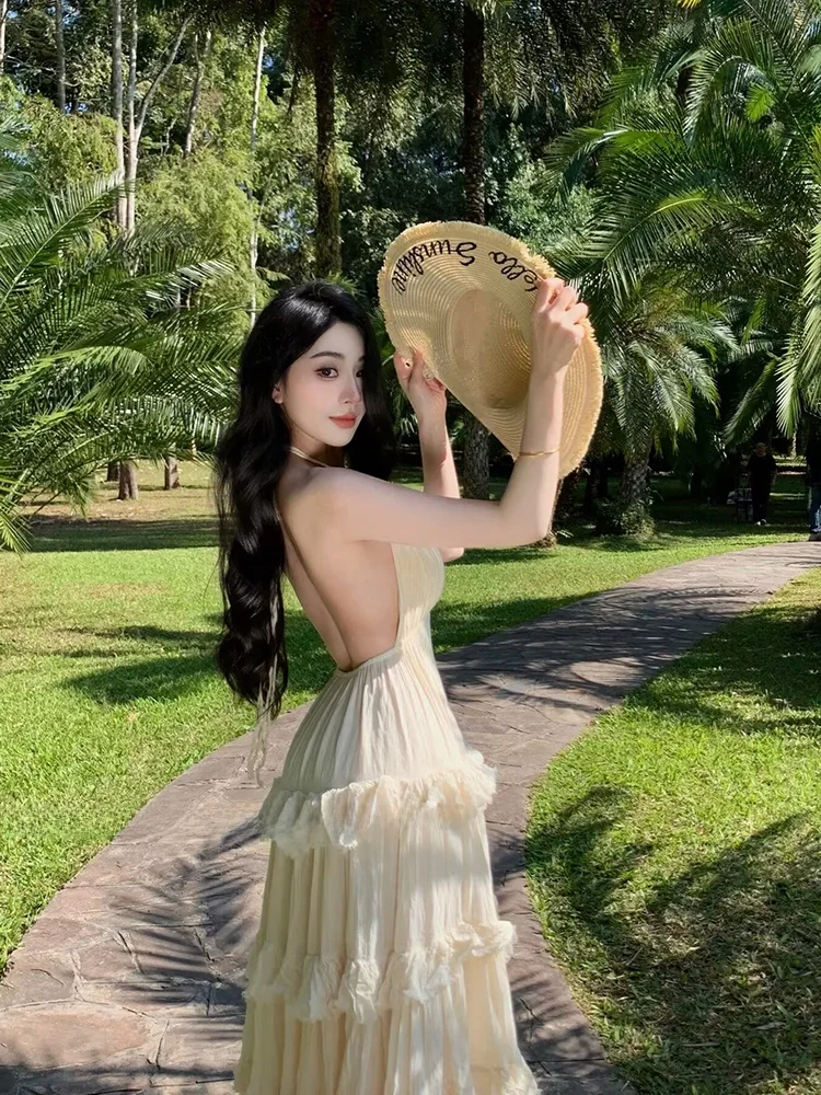 

Lazy Sle V-Ne Dr Ne Hanging Summer Design Lace Hem Beach Vaion Women's Dr A-Line Long Skirt Svel Gown