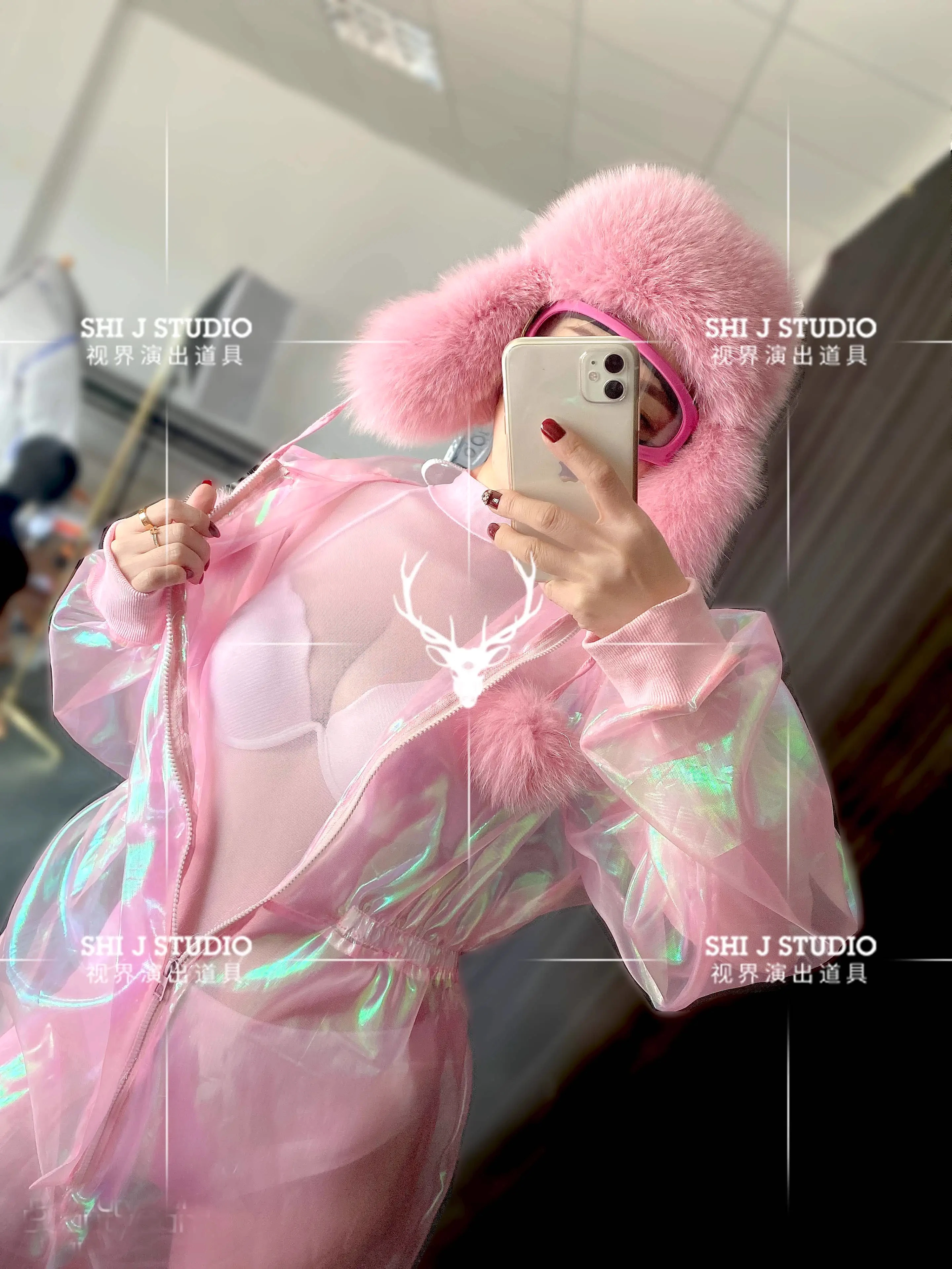 Jumpsuit Pink Laser Hologram See Through Irricidents DJ Club Bar Private Party Sexy Costumes Hooded Hat