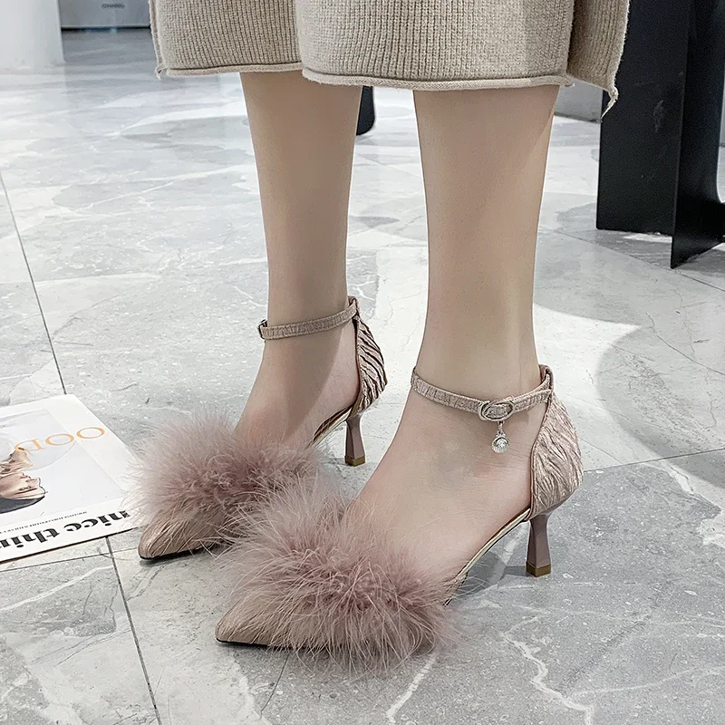 Sexy Fashion Pointed Toe Cover Heel Stilettos Women Sandals Baotou Fur Feather Hollow Word Buckle Strap Thin High Heels Shoes
