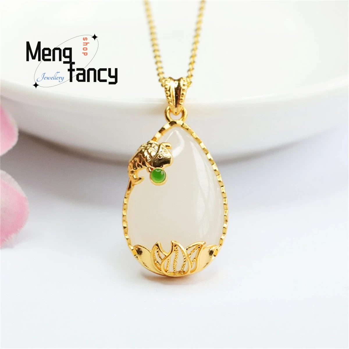 

Natural 18k Gold Inlaid Hetian White Jade Water Drop Lotus Brocade Carp Necklace Charm Generous Personality Fashion Fine Jewelry