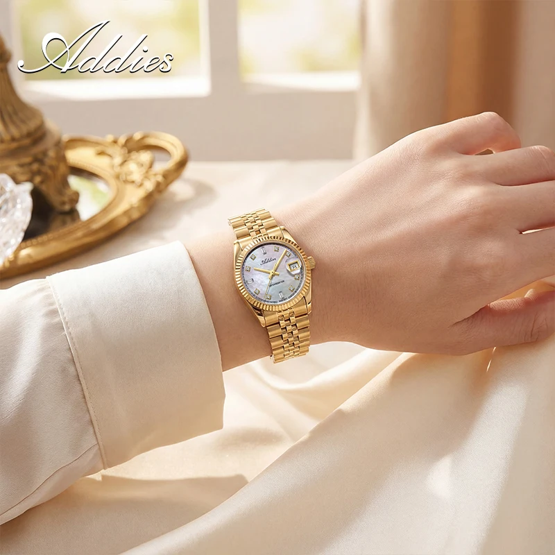 ADDIES Jam Tangan Pasangan Mewah Baru Swiss 585 Jam Tangan Pasangan Kristal Safir Kuarsa Jam Tangan Pasangan Hadiah Kekasih Bisnis 50M Tahan Air