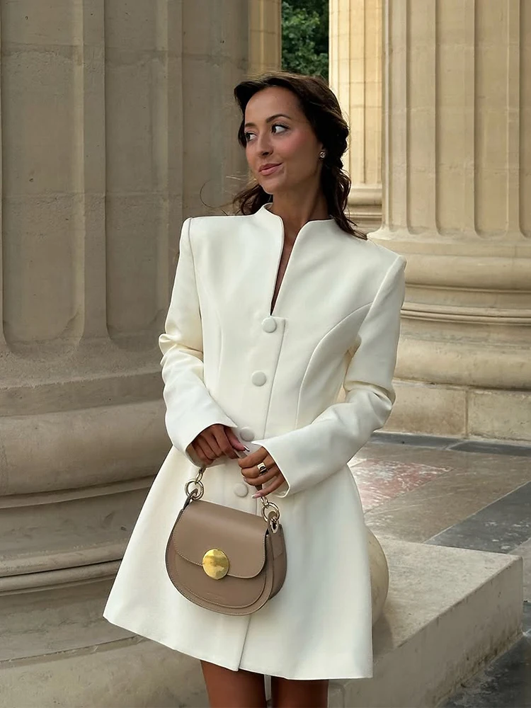 Weißes einreihiges A-Linien-Minikleid 2025, elegantes Damen-V-Kragen, volle Ärmel, hohe Taille, Vestidos, Dame, Pendeln, Straßenkleider