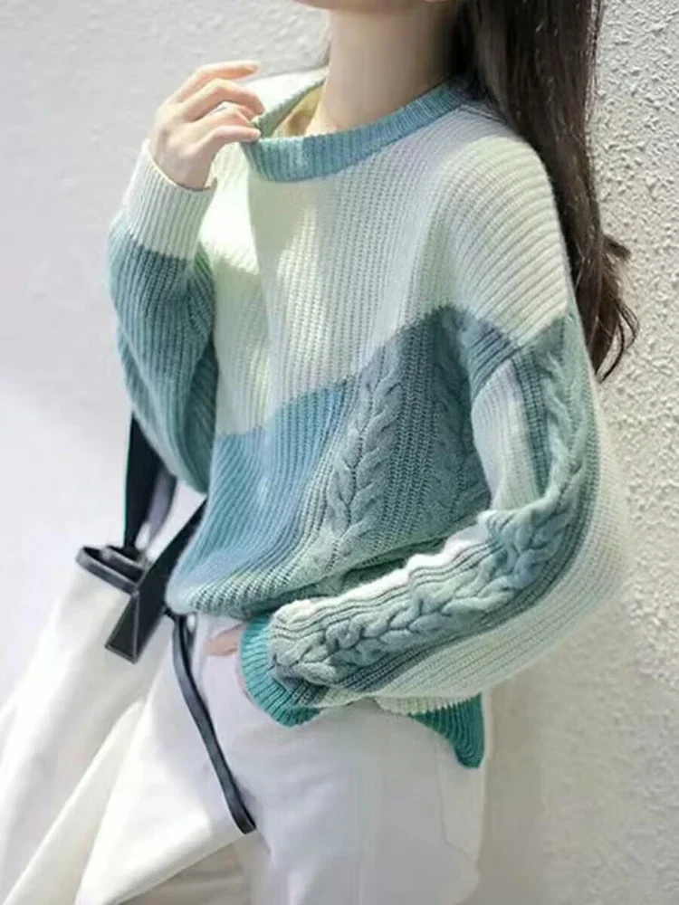 

2024 Autumn/Winter New Women's Korean Fashion Elegant Warm Knitted Color Blocked Knitted Hoodie Long Sleeve Wool Sweater Jumper