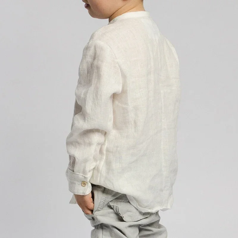 Retro Linen Long Sleeves White Shirt With Wooden Buttons For Boys Spring New Toddler Kids Casual Cotton And Linen Shirts TZ428