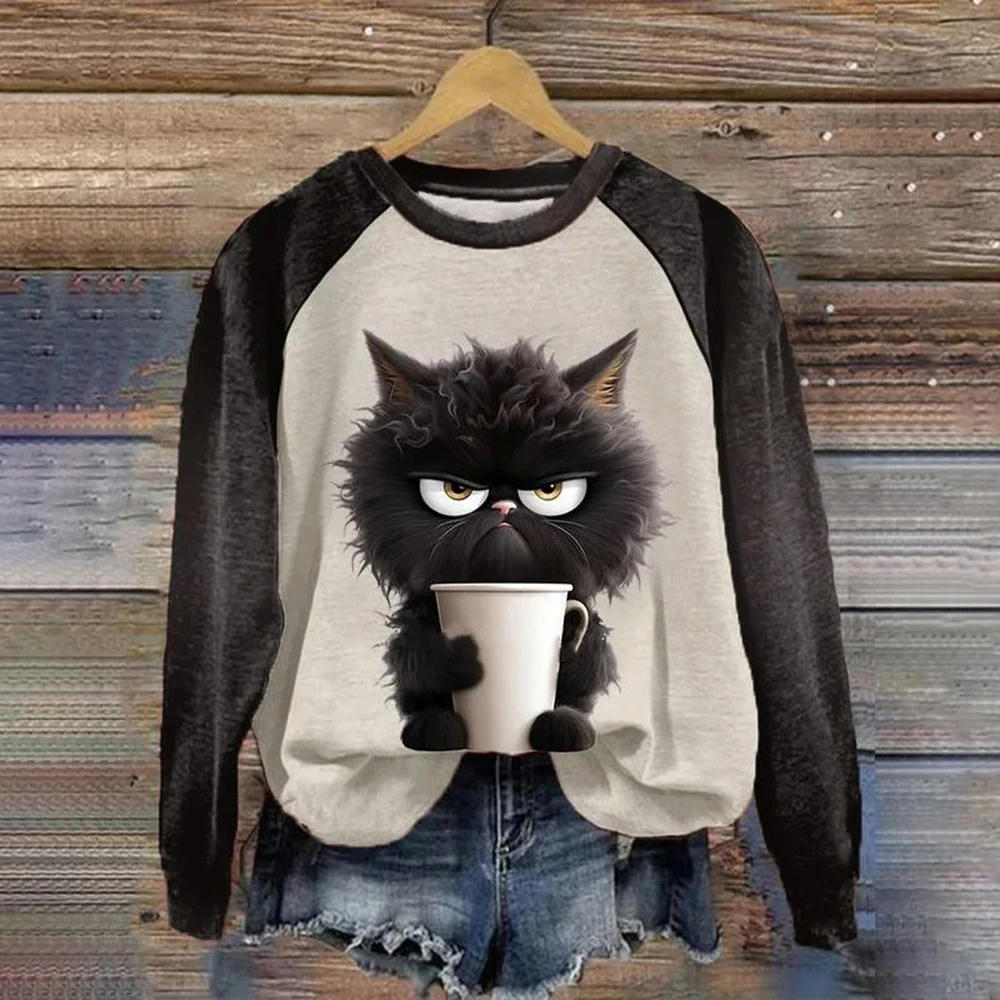 Women O-Neck Tops Funny Cute Cat Art Print Casual Hoodie Sweatshirt Kawaii Animals Pattern Pullover Female Clothing