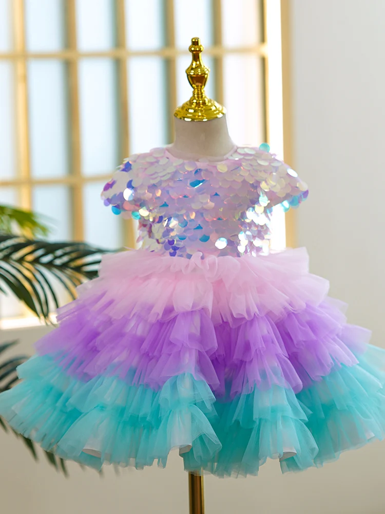 

Flower Girls Sequin Tulle Dresses for Pageant Wedding Multicolor Fluffy Short Evening Gowns Cute Kids Formal Party Luxury Dress