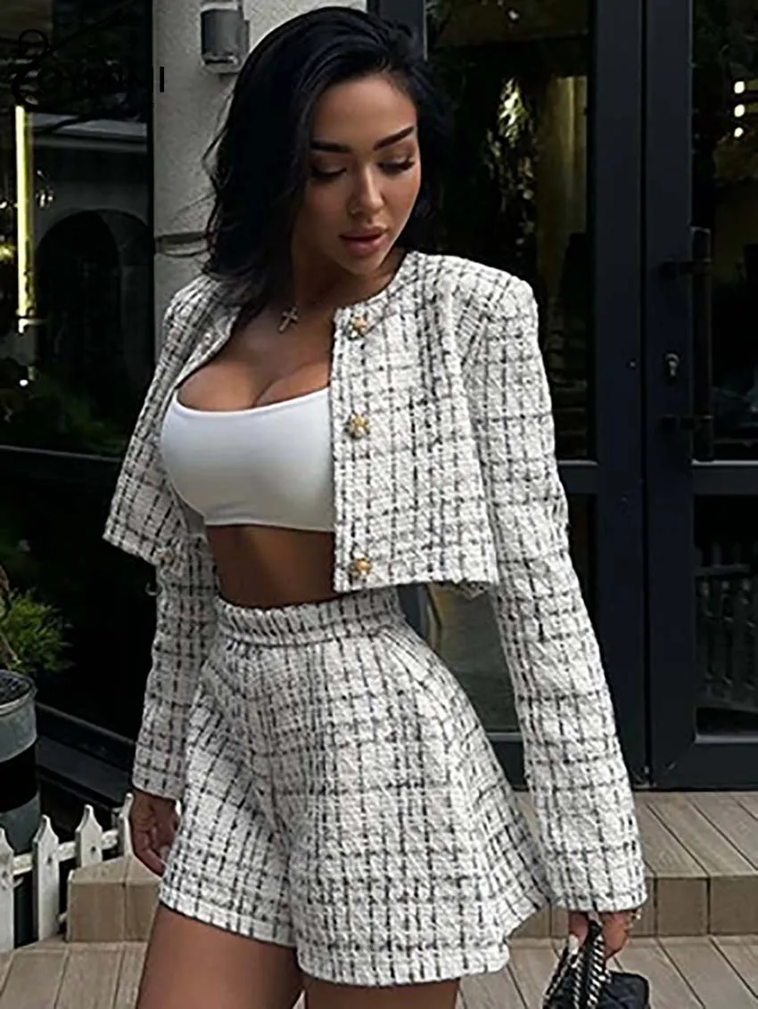 Oymimi Casual Weiß Drucken Zwei Stück Set Für Frauen Mode Oansatz Langarm Taste Crop Shirts Und Hohe Taille Shorts Weibliche set