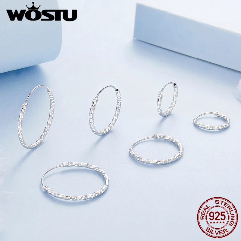 WOSTU ريال 925 فضة الزفاف كبير بسيط دائرة هوب أقراط للنساء متعدد الحجم لامعة الأذن الأطواق حلقة مجوهرات الحفلات