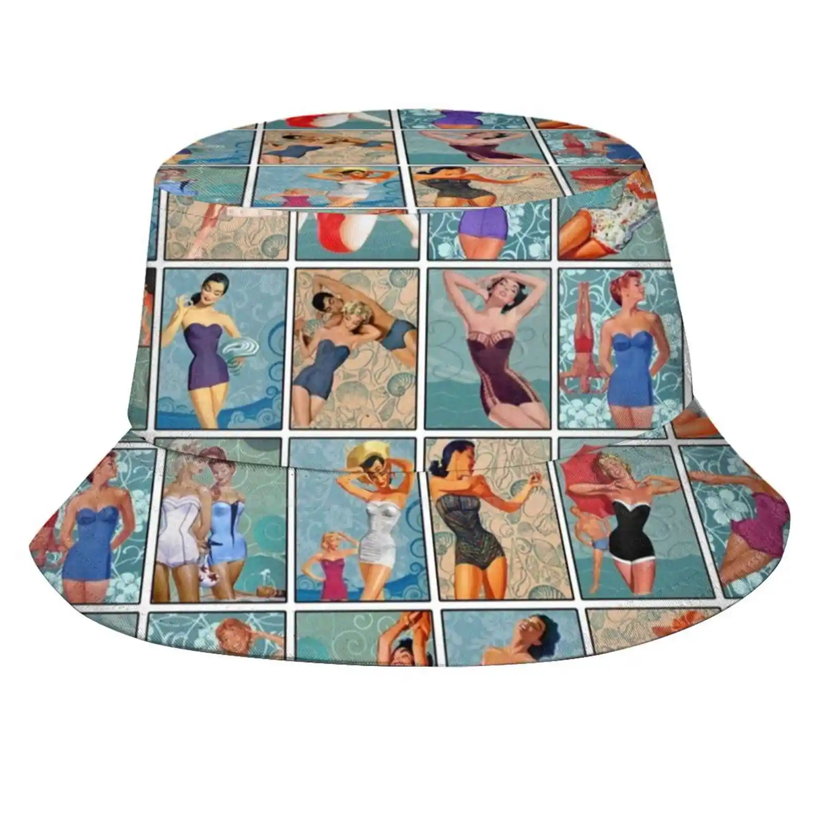 Beach Girls Sun Cap Fisherman Hat Bucket Hats Vintage Beach Bikinis Swimsuits 50S Retro